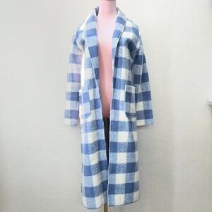 Tahari Long Sleeve Pockets Blue White Buffalo Check Long Wool Coat Womens M